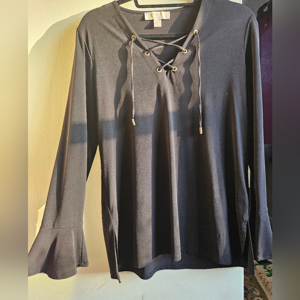 Michael Kors Black Tie Front Bell Sleeve Blouse